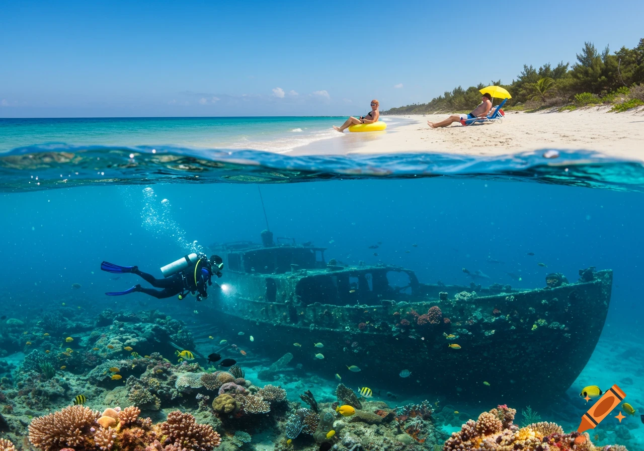An over-under view shows a diver exploring a shipwreck underwater and people relaxing on a beach above water.