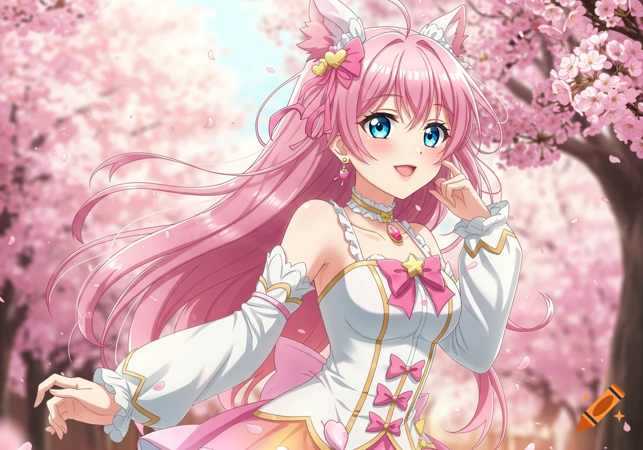 Anime girl with pink hair and cat ears in a fantasy dress among cherry blossoms