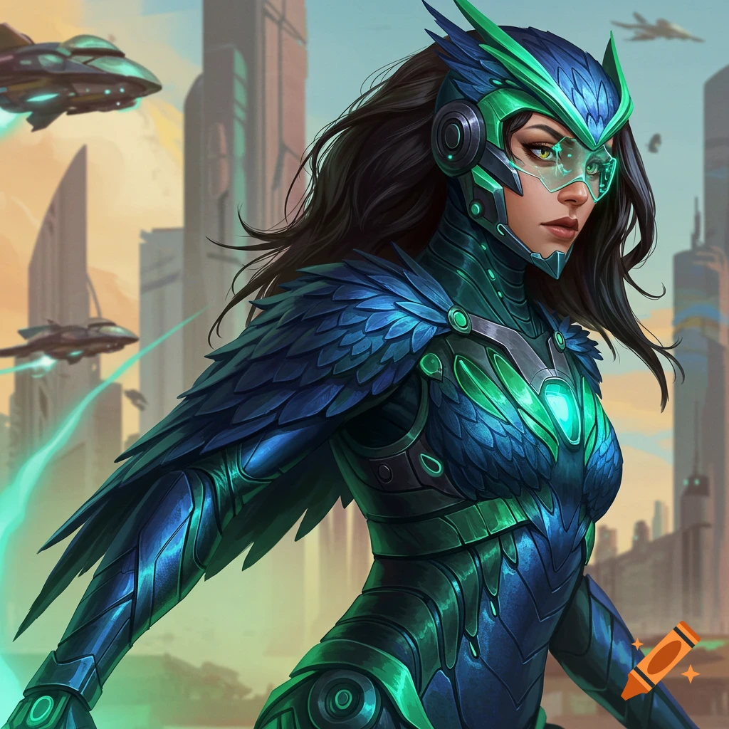 A female superhero in blue and green owl-themed futuristic armor stands in front of a city skyline with flying vehicles.