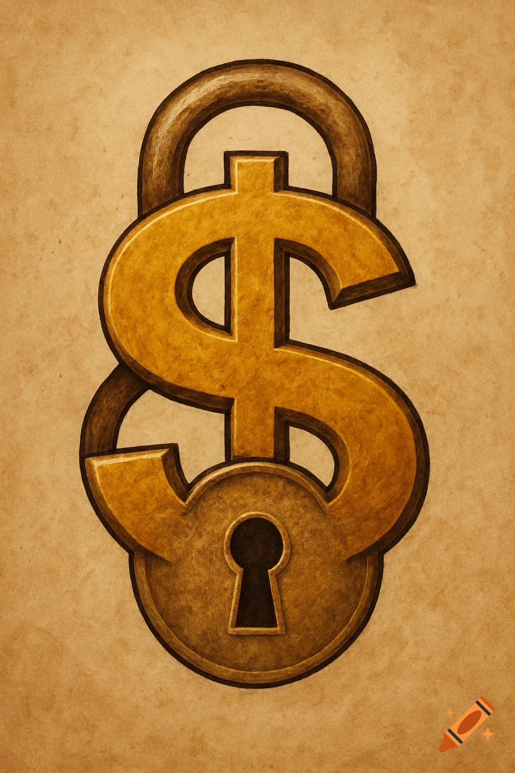 Golden dollar sign combined with a padlock on a textured background