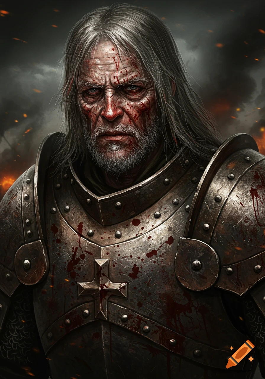 An image of a grizzled old soldier in bloody armor.