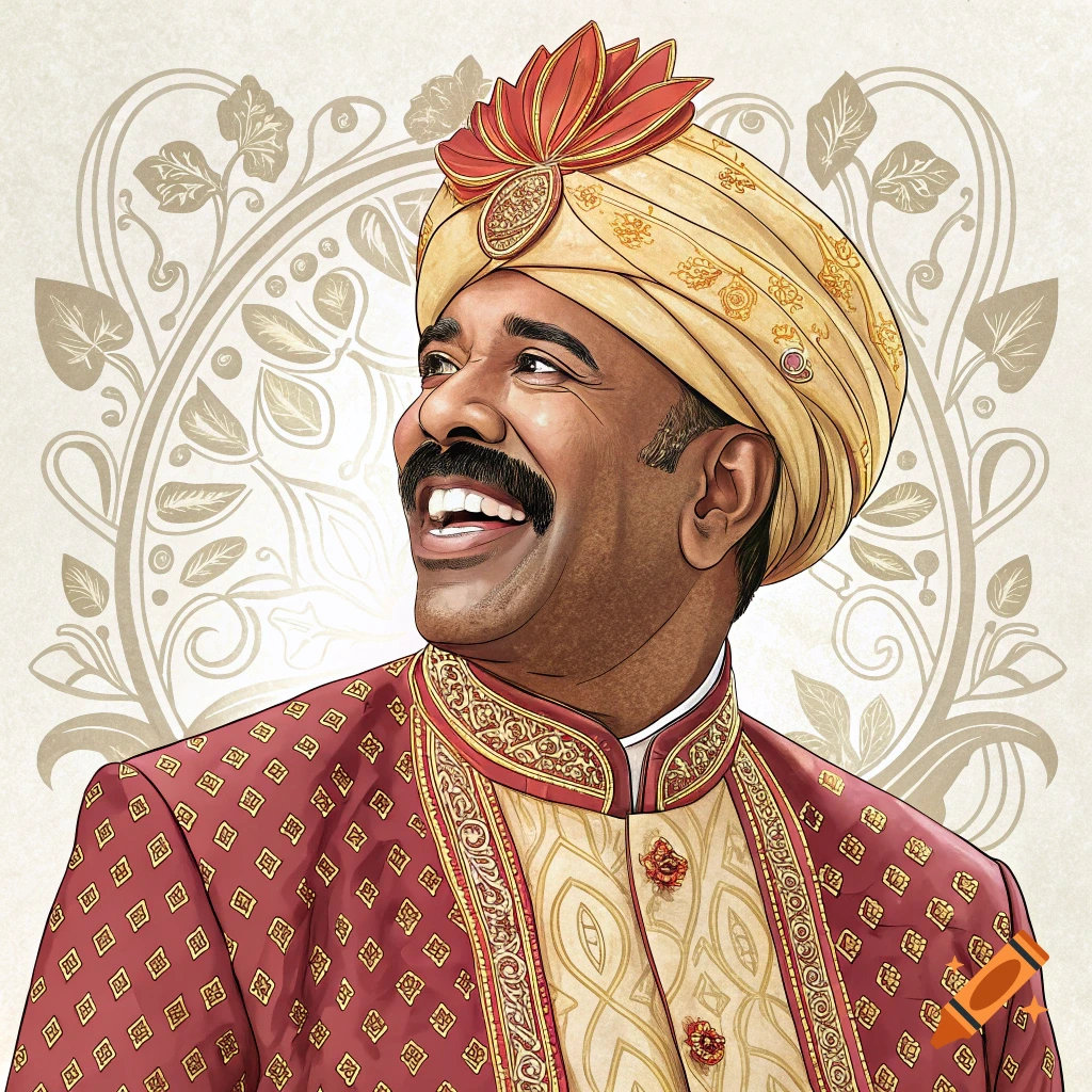 Stylized portrait of a man resembling Steve Harvey in traditional Indian attire and turban, smiling.