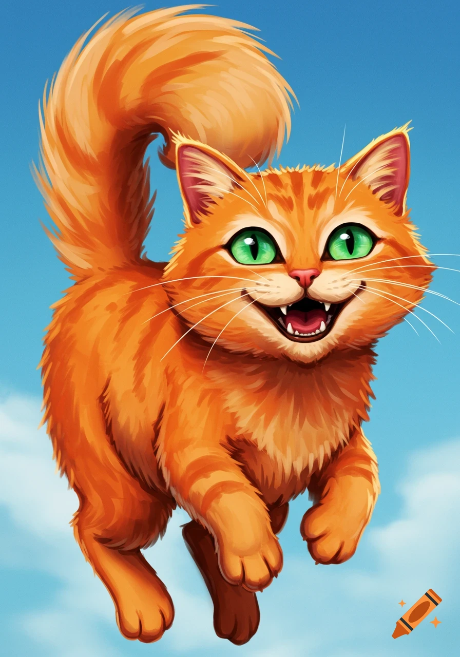 Stylized orange cat leaping with a big happy smile against a blue sky