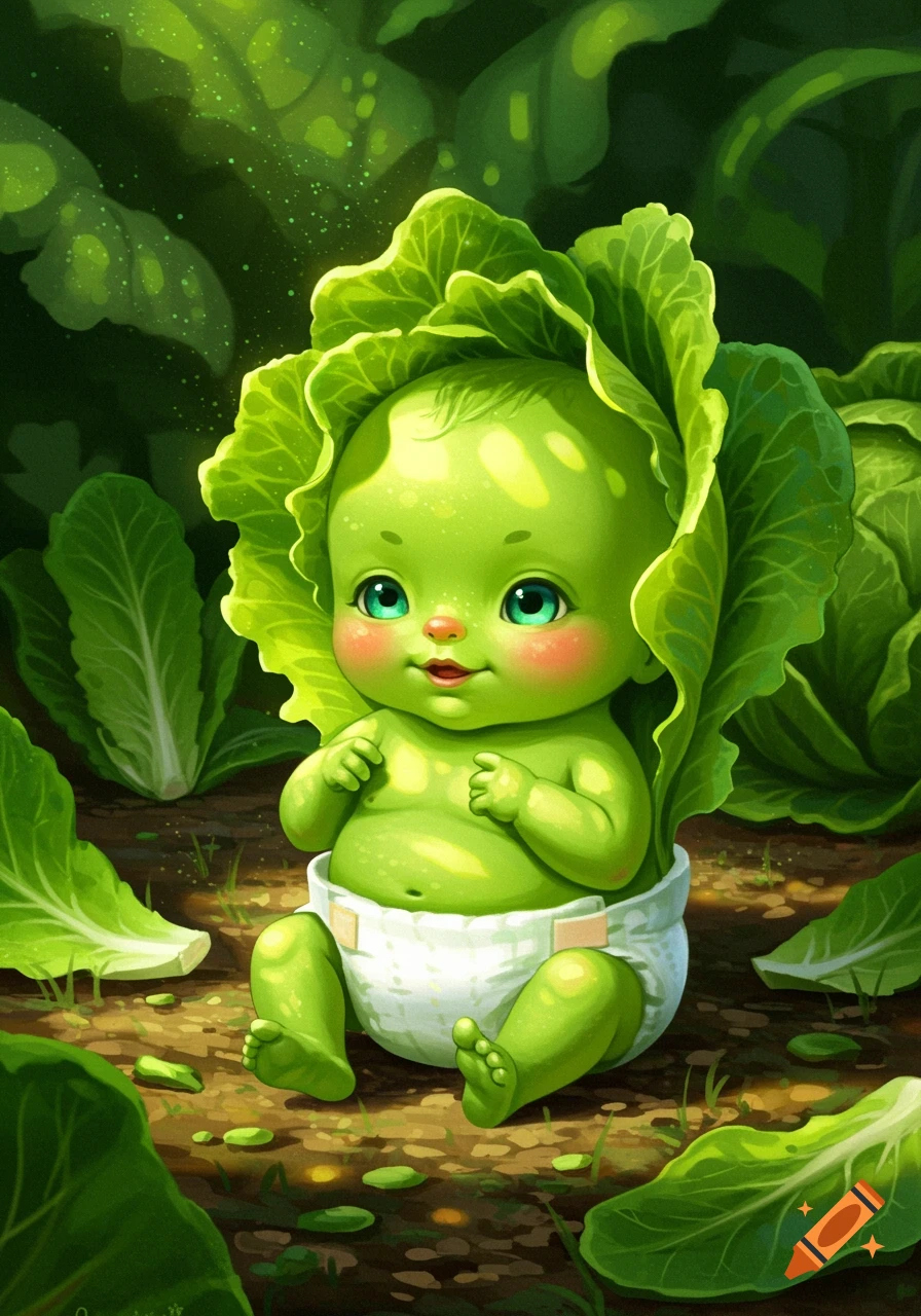 A whimsical depiction of a green creature resembling a baby with lettuce leaves in a garden.