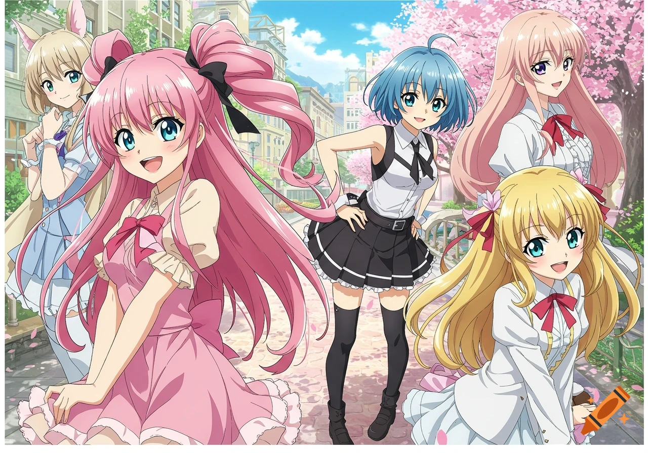 Several anime girls pose outside near cherry blossom trees.