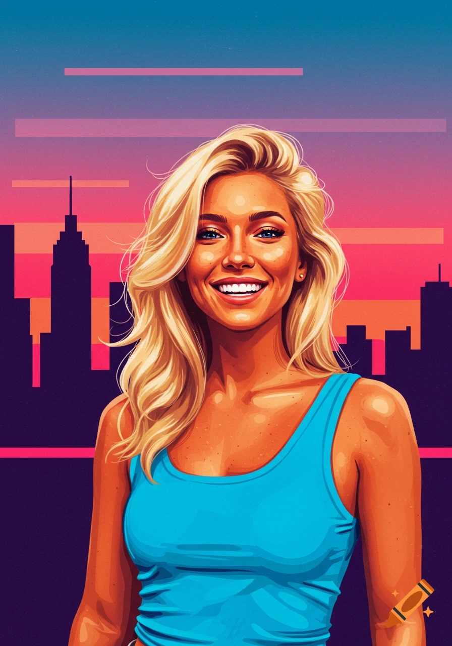 A blonde woman is smiling and wearing a blue tank top. There is a cityscape in the background.