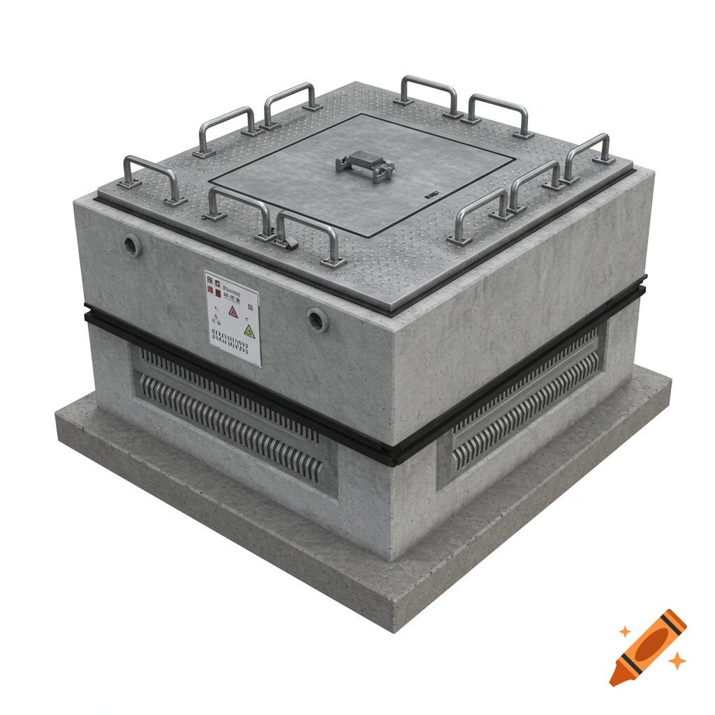 A 3D render of a rectangular concrete electrical pit with a metal lid and handles.
