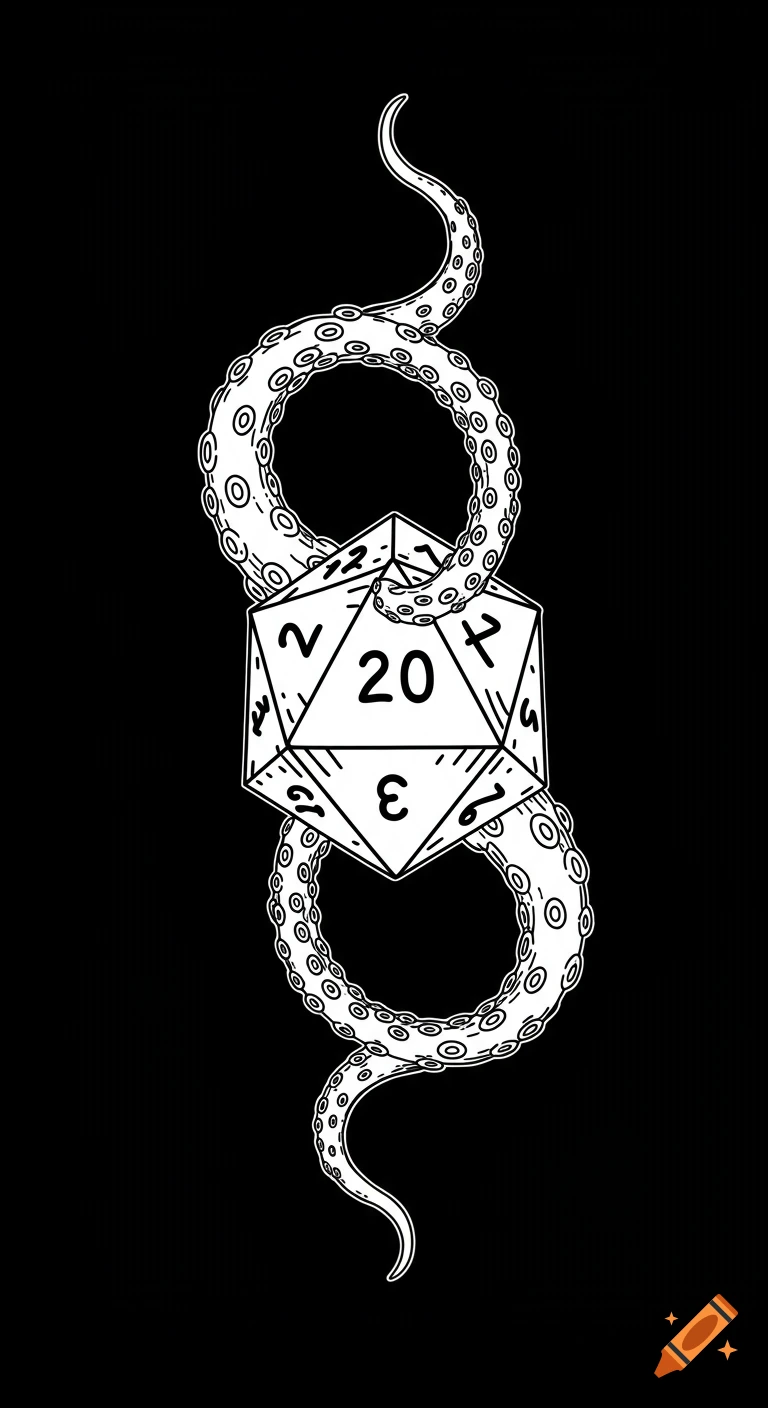 Black and white line illustration of tentacles wrapped around a D20 die.