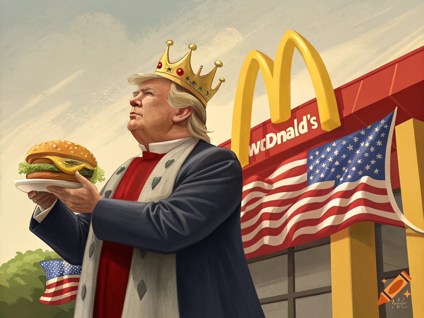 Illustration of a figure resembling Donald Trump wearing a crown and robe, holding a hamburger, in front of a building with a golden arch logo and an American flag.