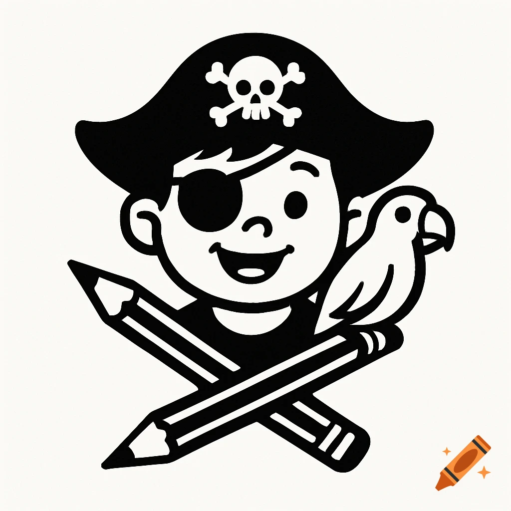A black and white cartoon illustration of a child pirate with an eye patch and parrot, standing over crossed pencils.