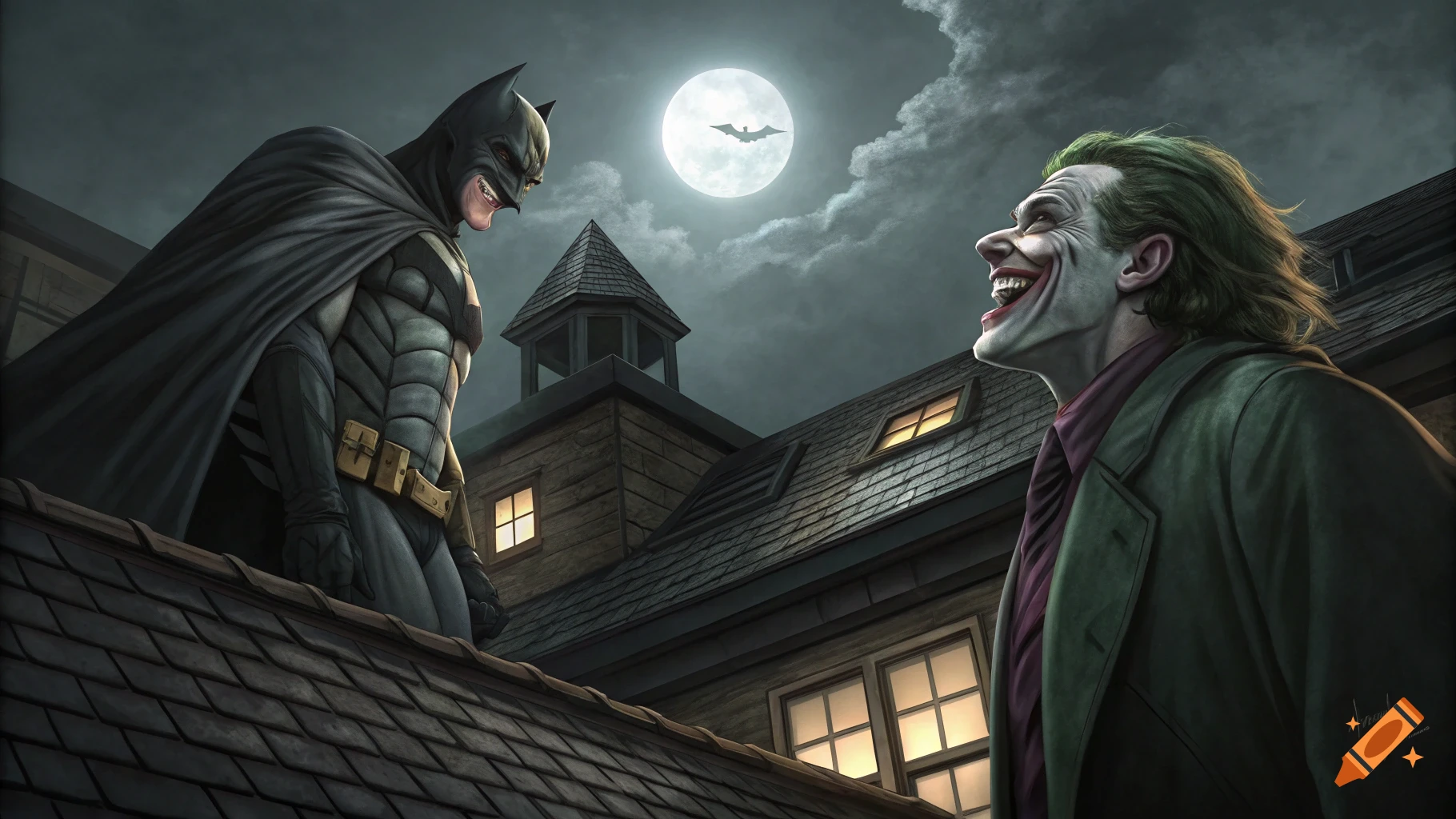 Batman and Joker laughing on a rooftop under a full moon.