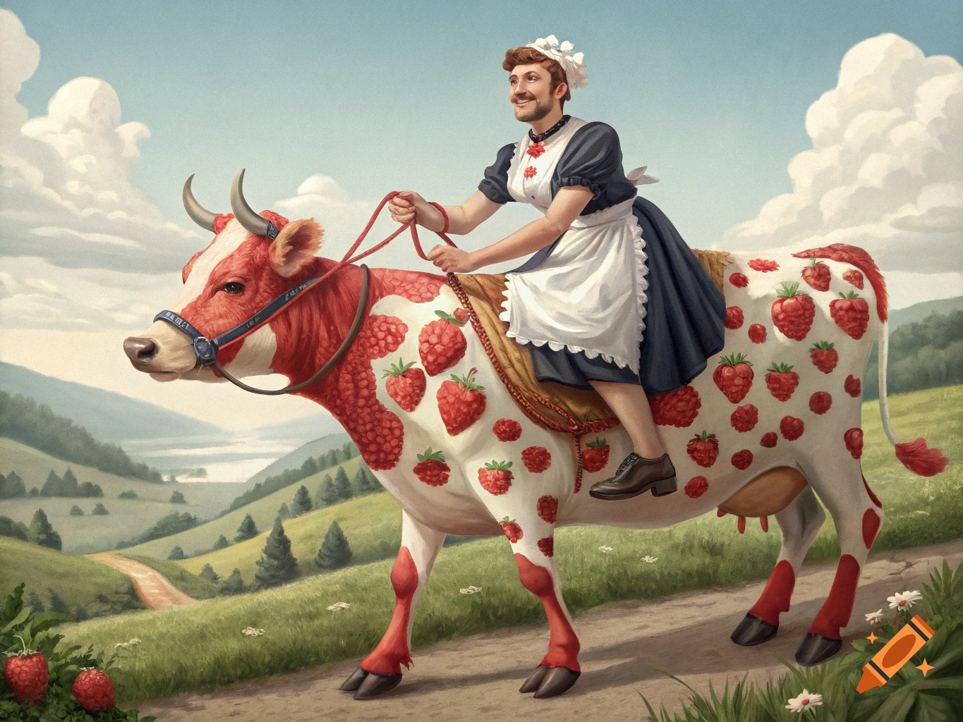Person in a maid dress riding a strawberry-patterned cow through a grassy landscape.