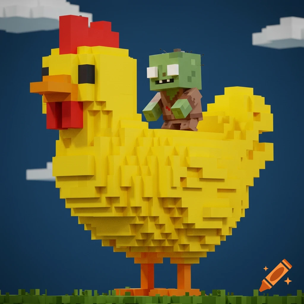 Blocky chicken with a small blocky zombie riding on its back in a voxel art style.