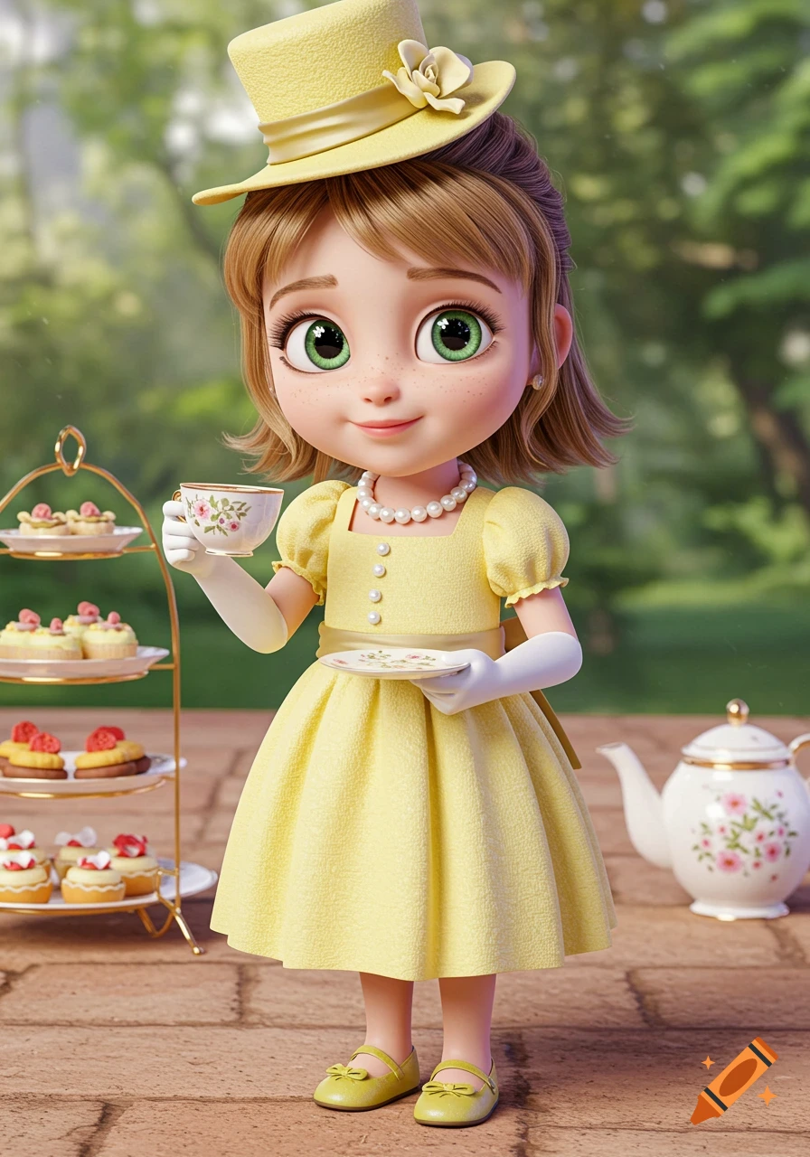 3D animated girl in yellow dress and hat having a tea party