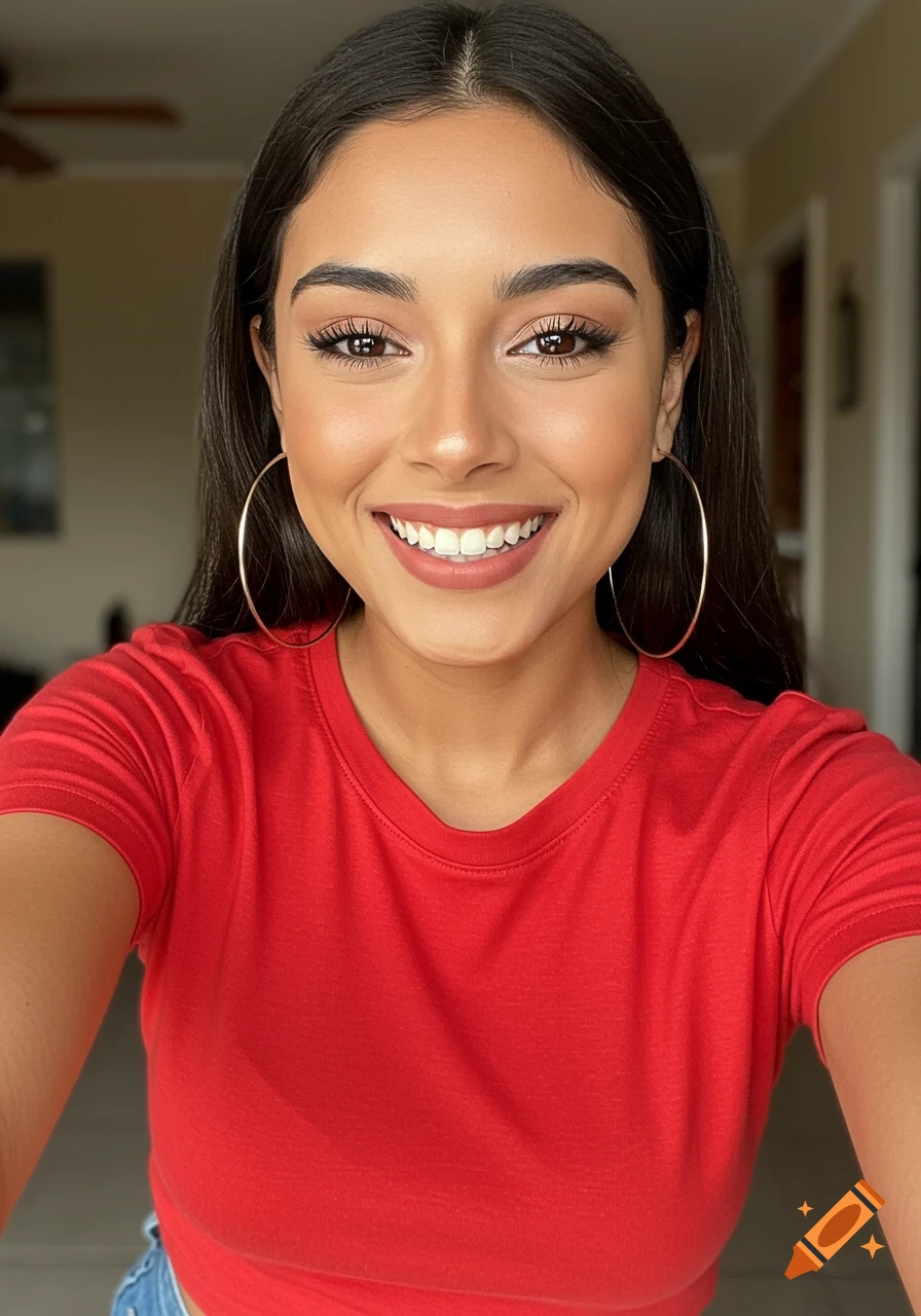Selfie portrait of a smiling woman wearing a red t-shirt and hoop earrings.