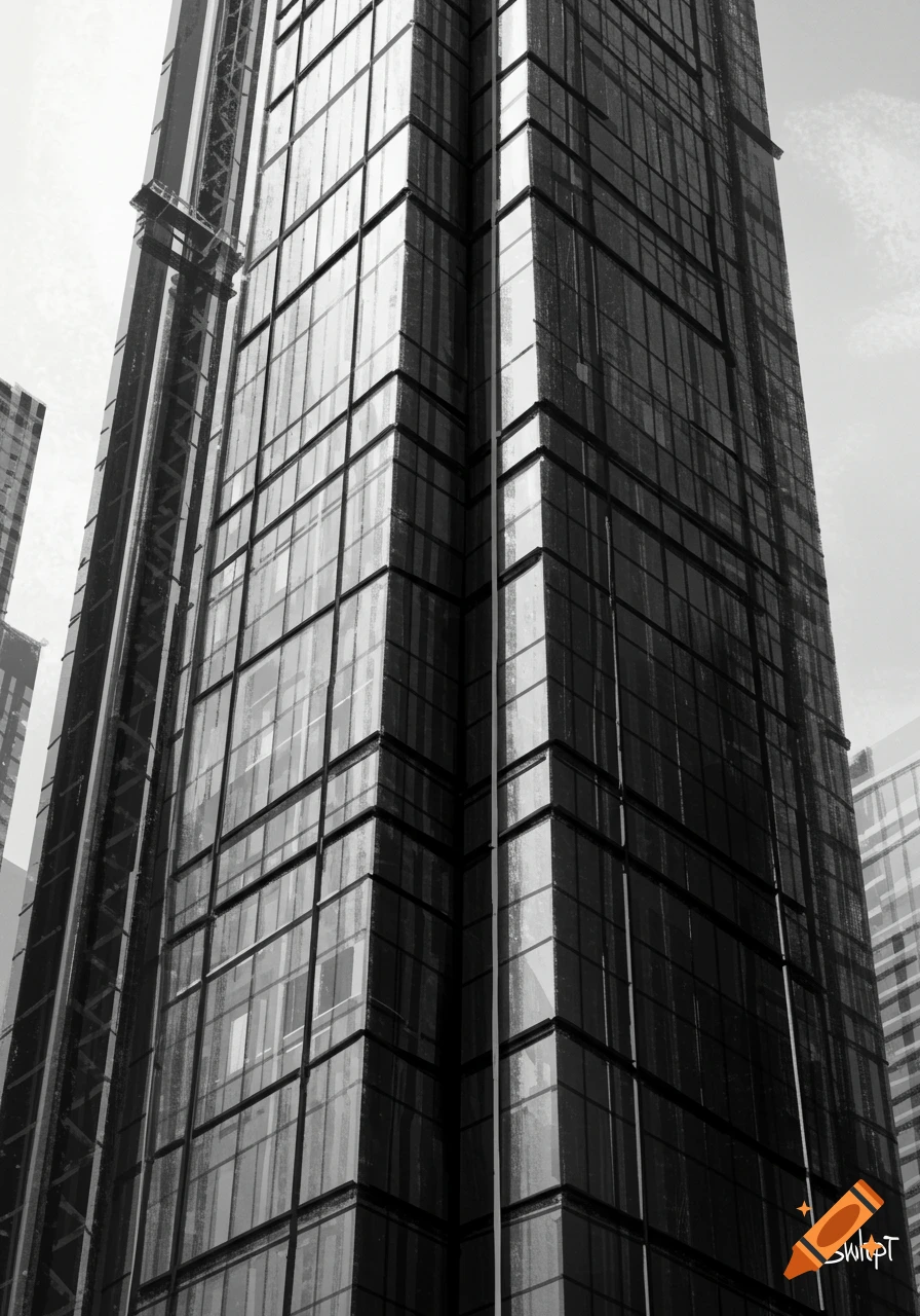 Black and white close up of a skyscraper.