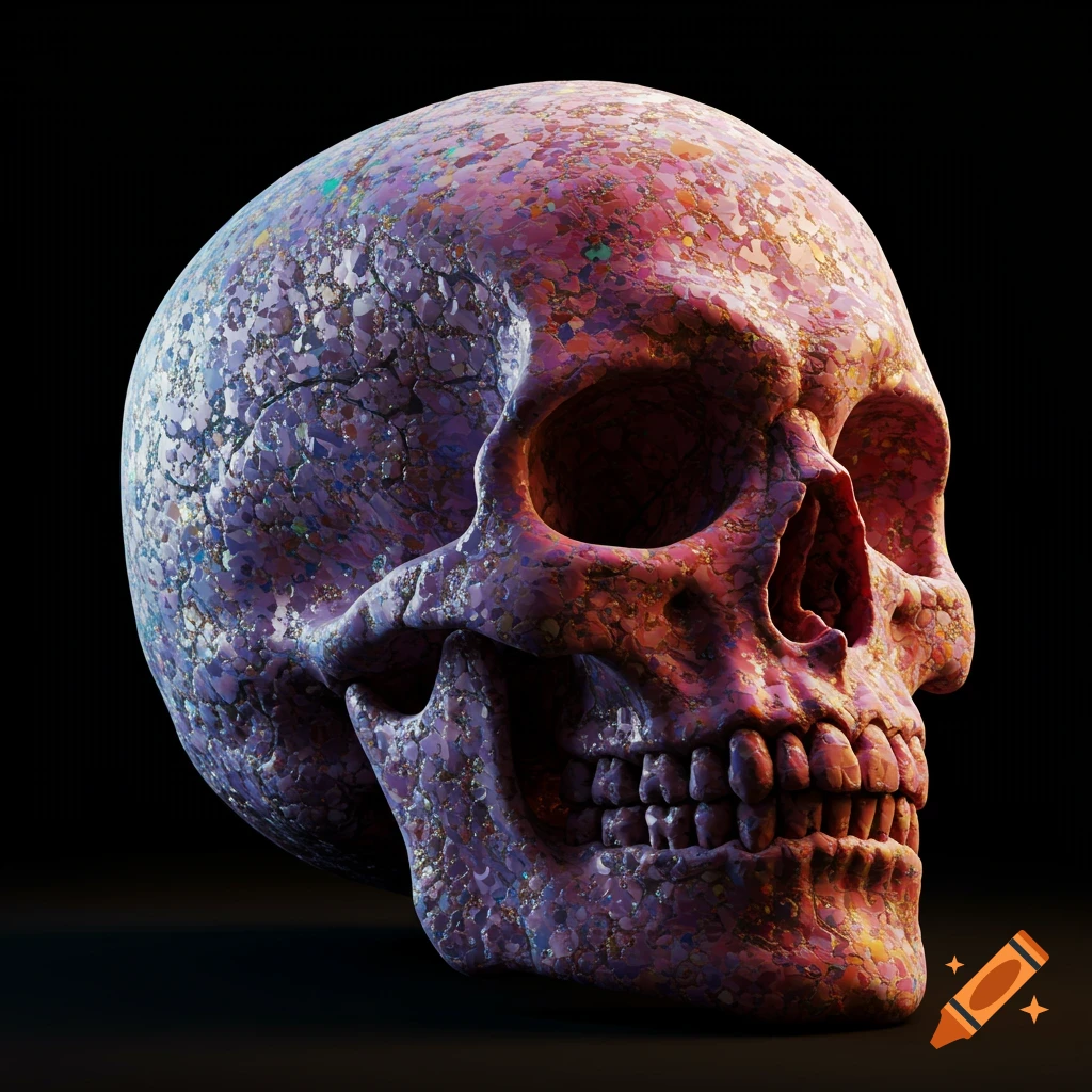 Colorful mosaic textured skull on black background.