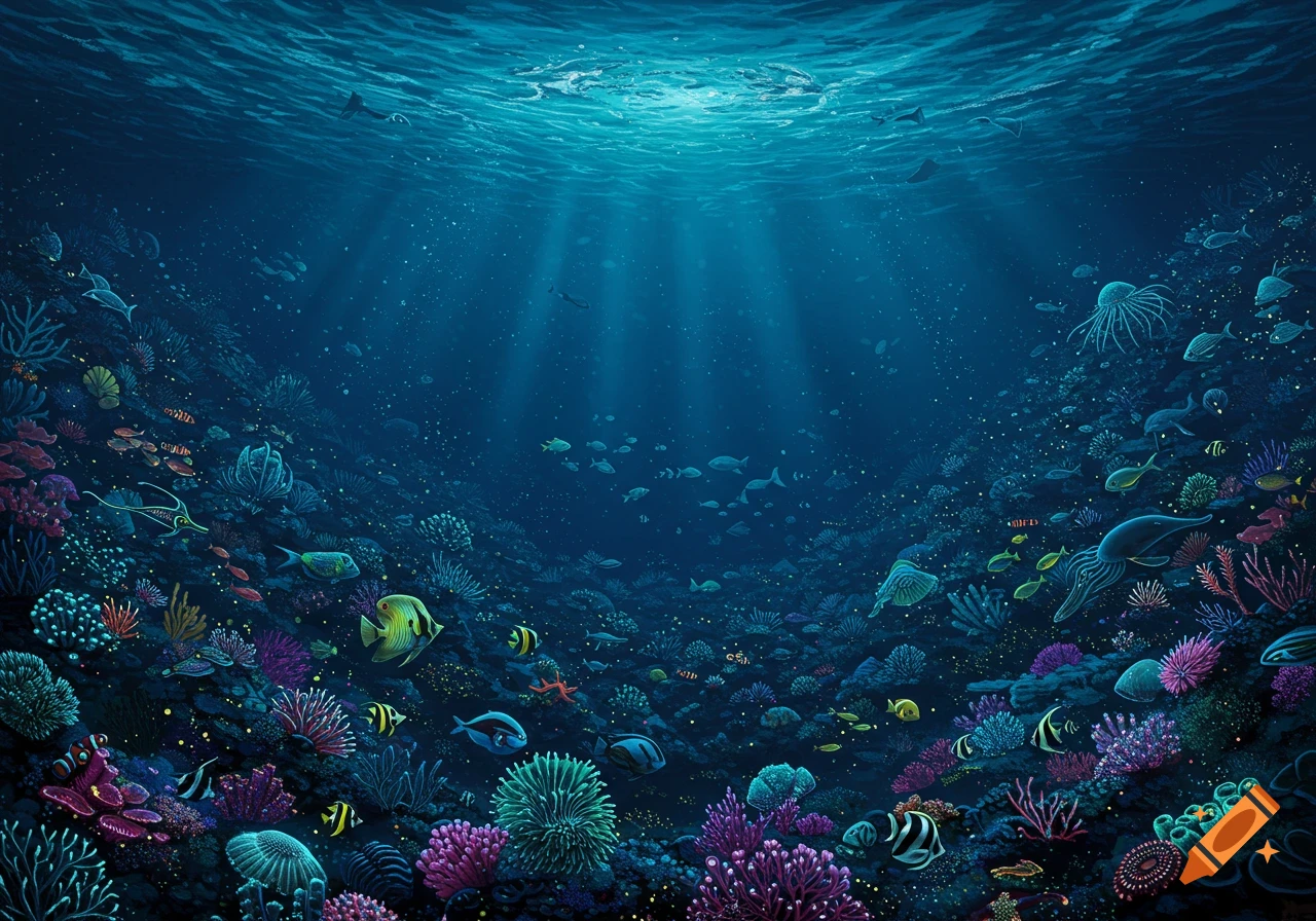 A vibrant, colorful illustration of a deep ocean scene with coral reefs, various fish, and shafts of sunlight penetrating the water.