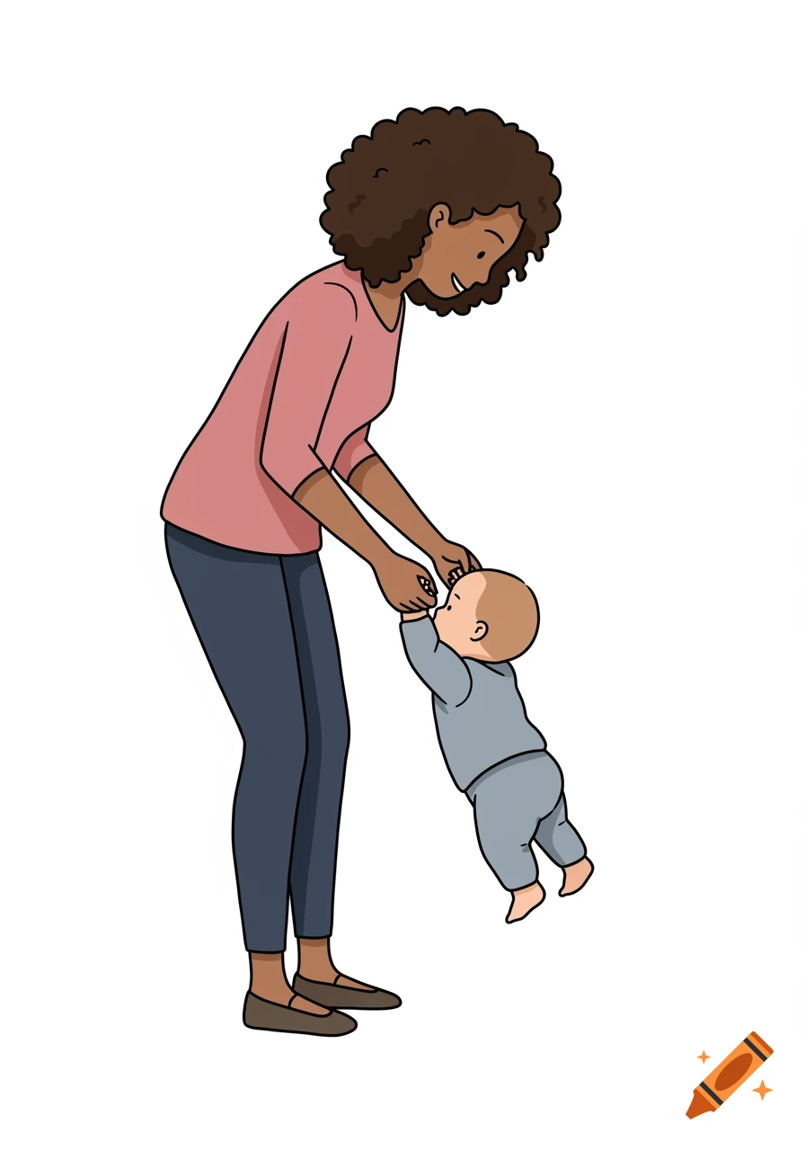 Cartoon of a mother helping her baby learn to walk