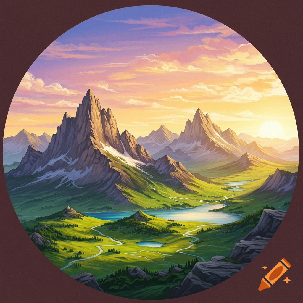 Circular image of a mountainous valley with lakes and winding river at sunset.