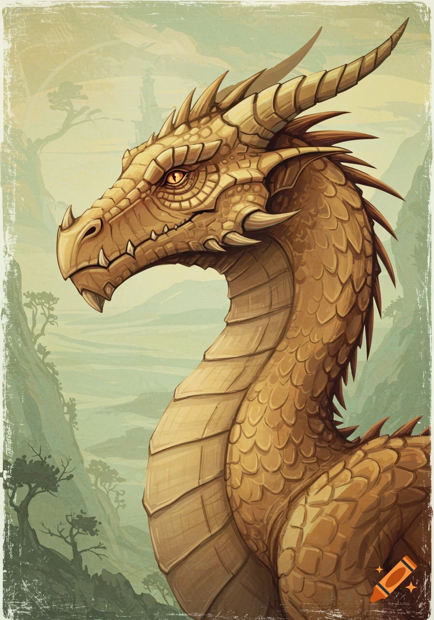 Detailed tan dragon head and neck in profile against a misty mountainous background.