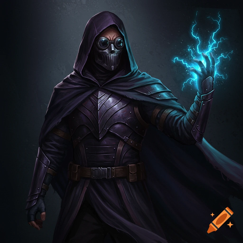 A character in dark armor, mask, goggles, and cloak casting blue lightning.