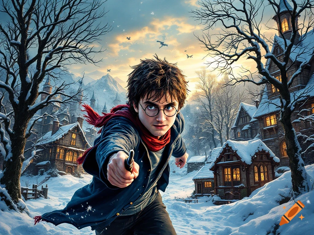 A boy resembling Harry Potter casts a spell in a snowy fantasy village scene.
