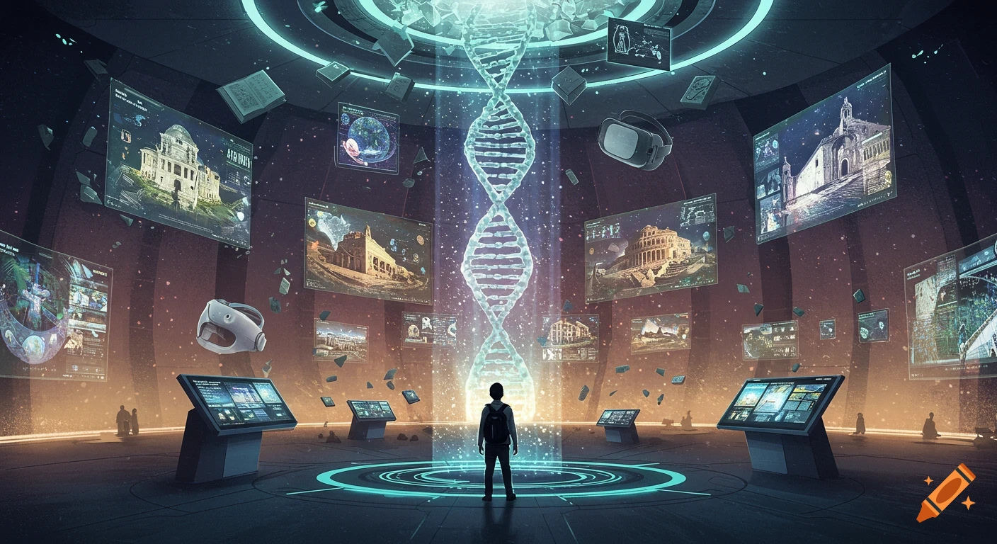 A student in a futuristic immersive learning room with glowing DNA and holographic displays showing knowledge.