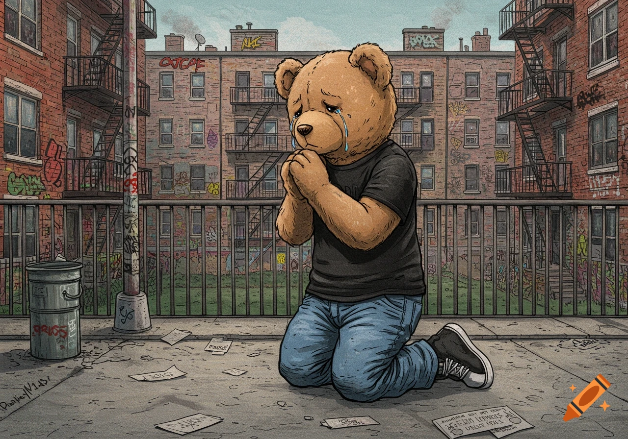 Hand-drawn illustration of a crying teddy bear praying on his knees on an urban street with graffiti.