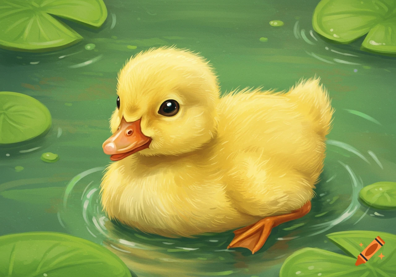 A cute yellow duckling floats in a green pond among lily pads.