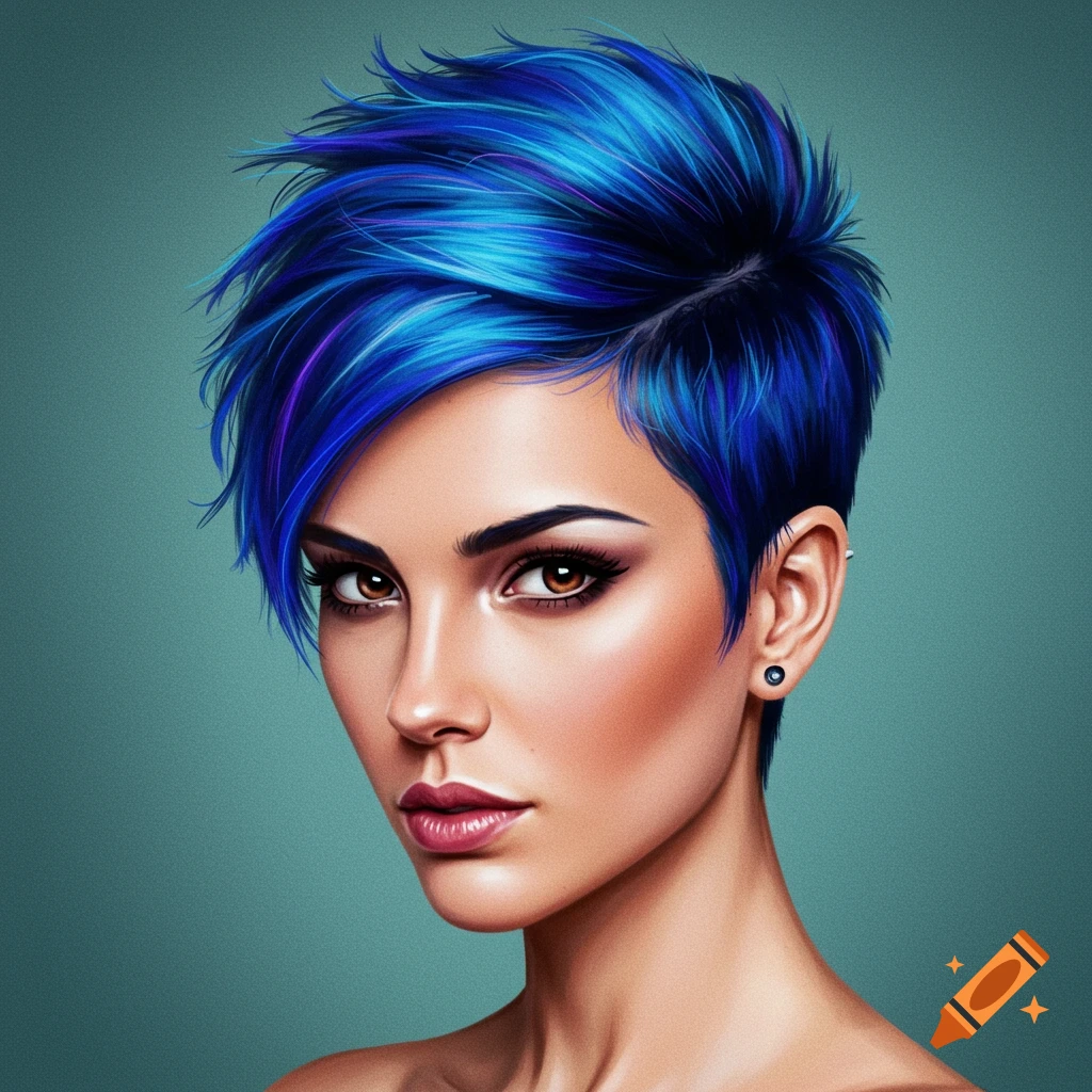 Image of a woman with short spiky blue hair