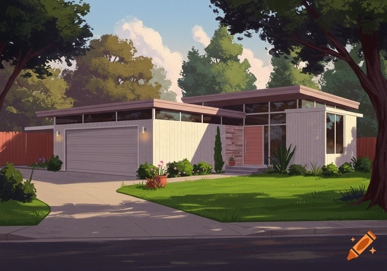 A midcentury modern house with a driveway leading to a garage.