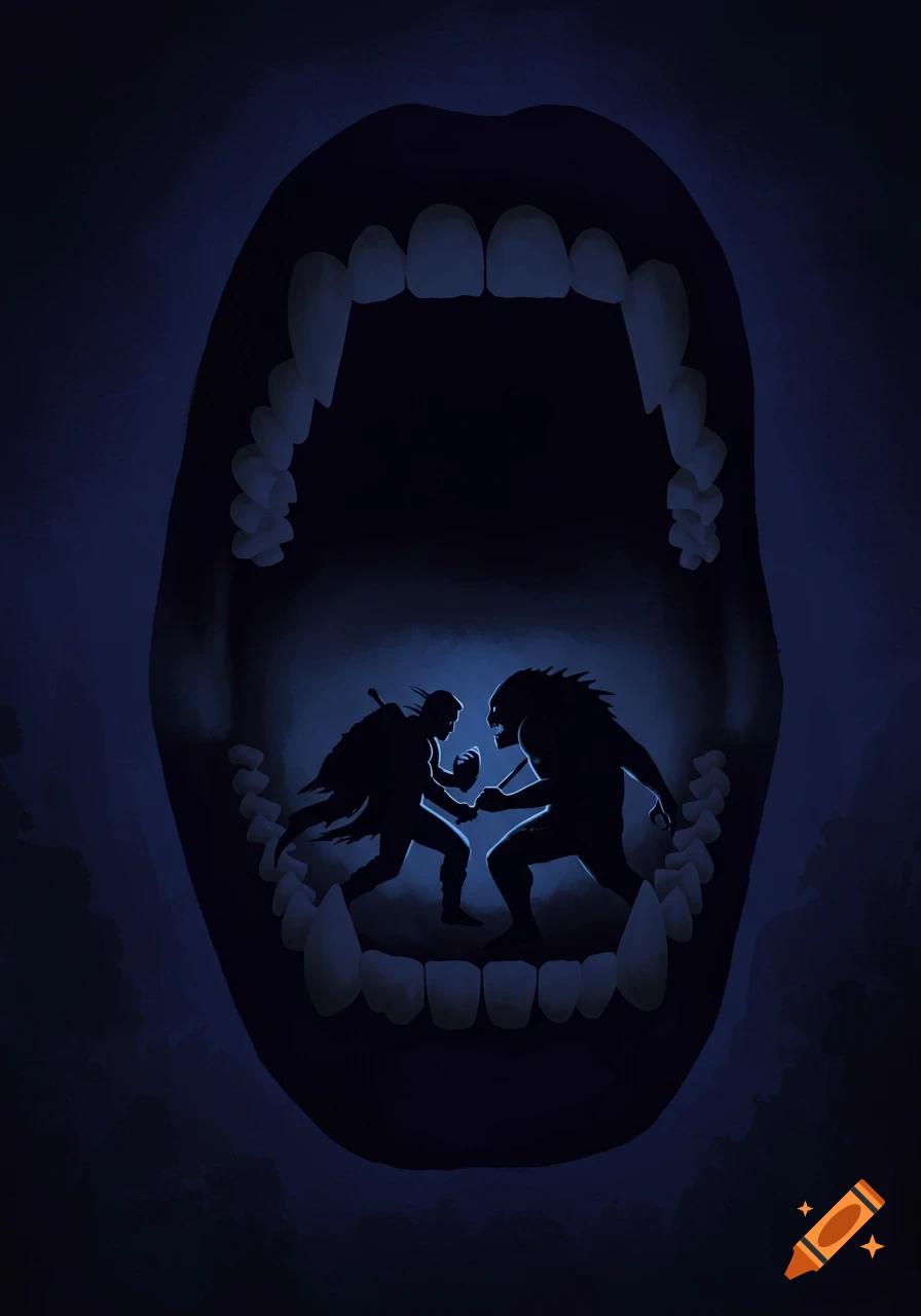 Silhouette of man fighting monster inside open mouth on Craiyon