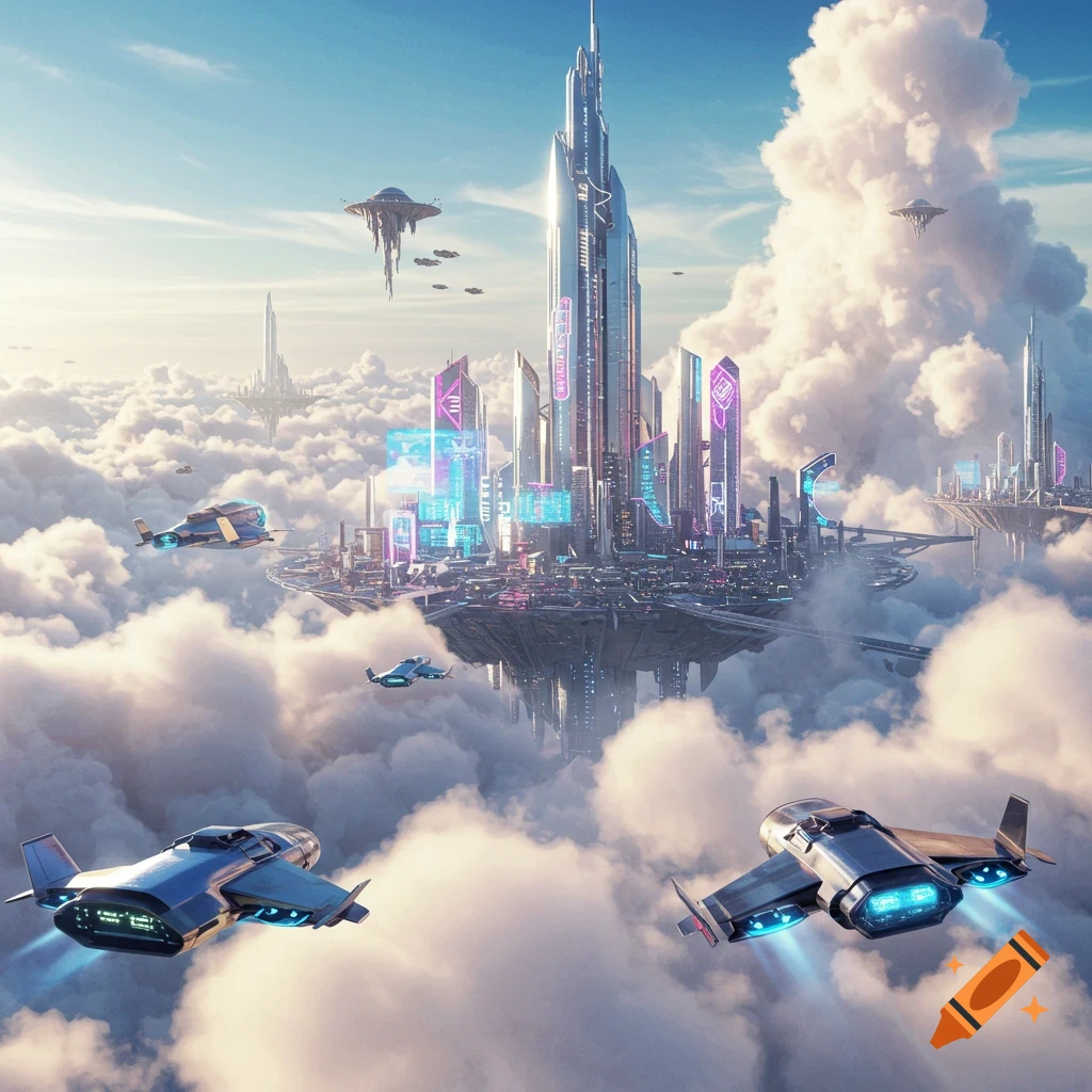 A futuristic city with tall skyscrapers floating among clouds, with spaceships flying nearby.
