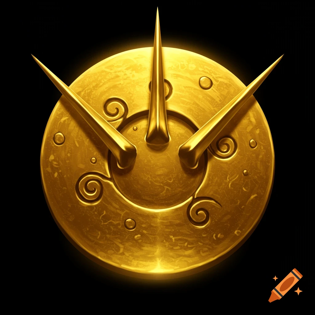 A round golden disk with three spikes and decorative patterns.
