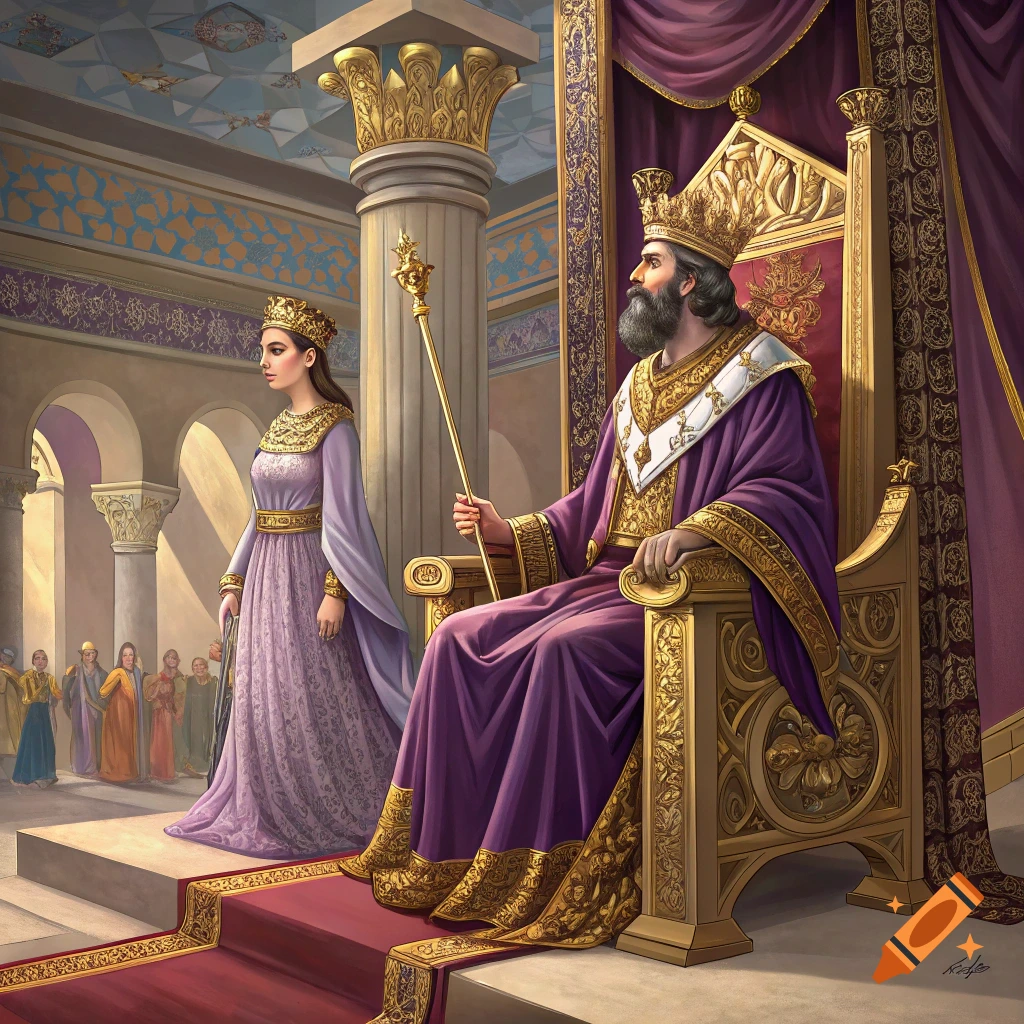 King on a golden throne and queen standing beside him in a palace.