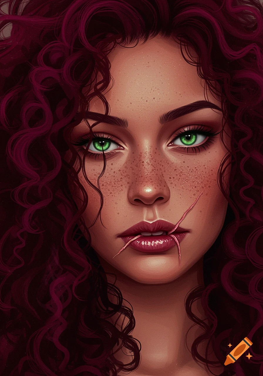 A woman with red curly hair, green eyes, freckles, and a scar across her lips.