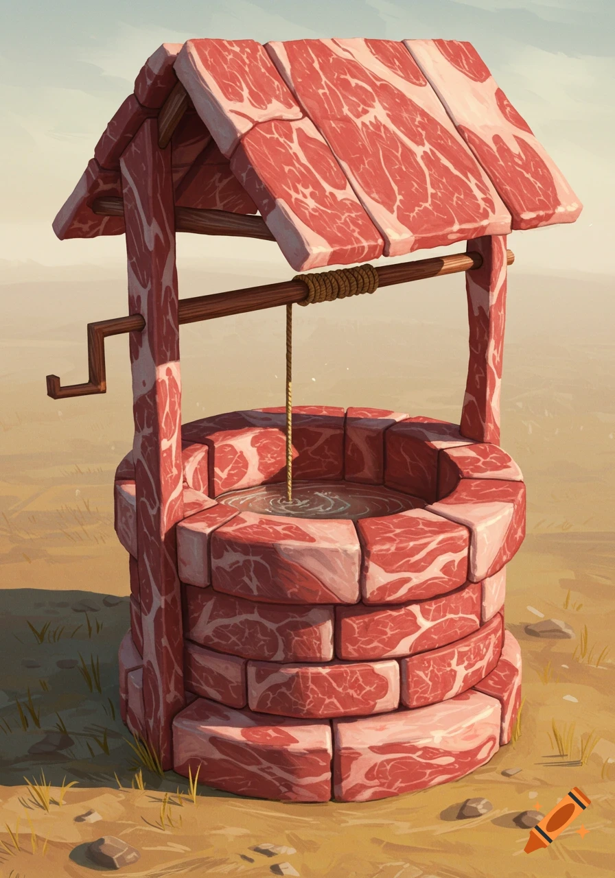 A well constructed from raw meat blocks in a desert landscape.