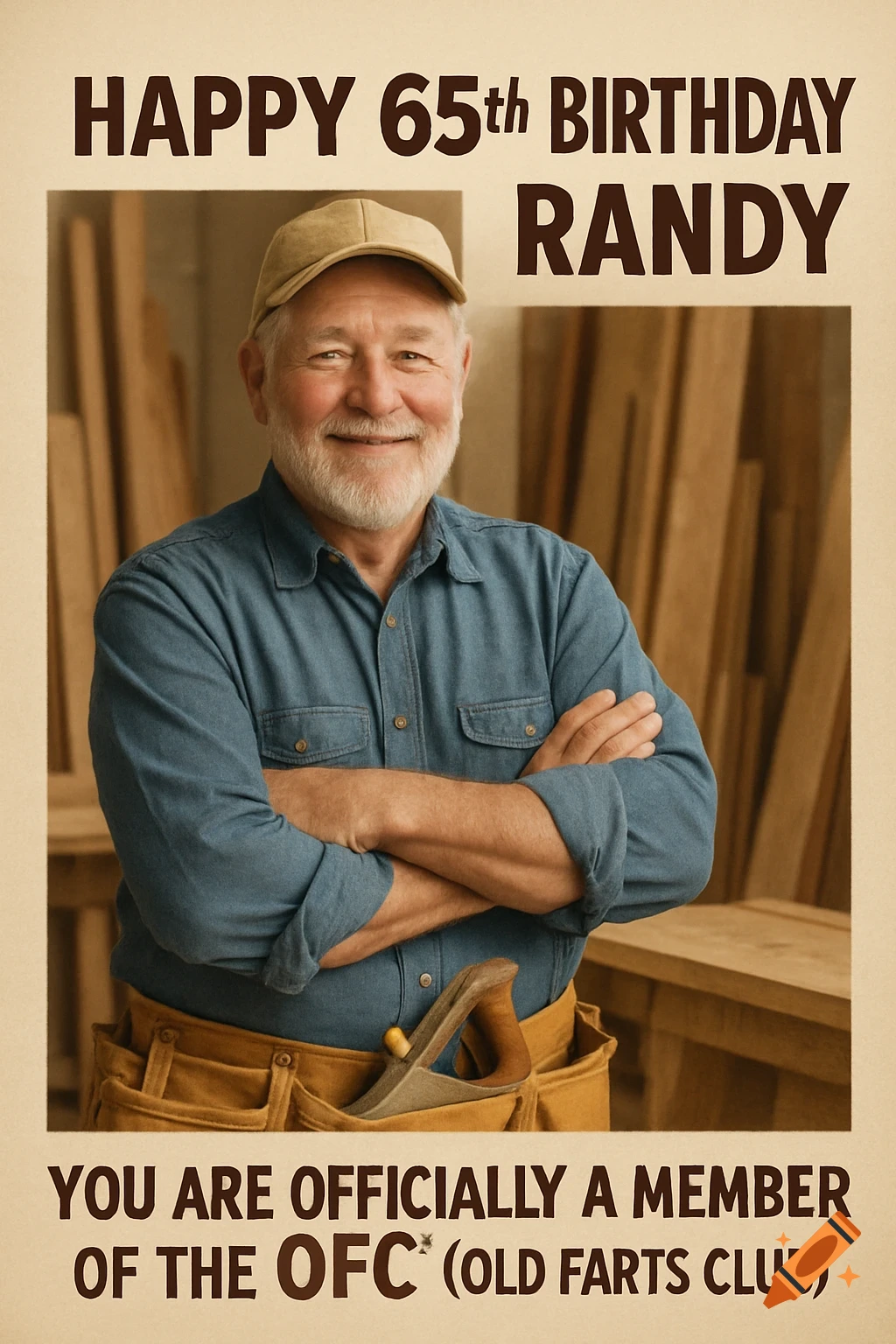 Man in a workshop with arms crossed, overlaid with "Happy 65th Birthday Randy" and "You are officially a member of the OFC (Old Farts Club)".