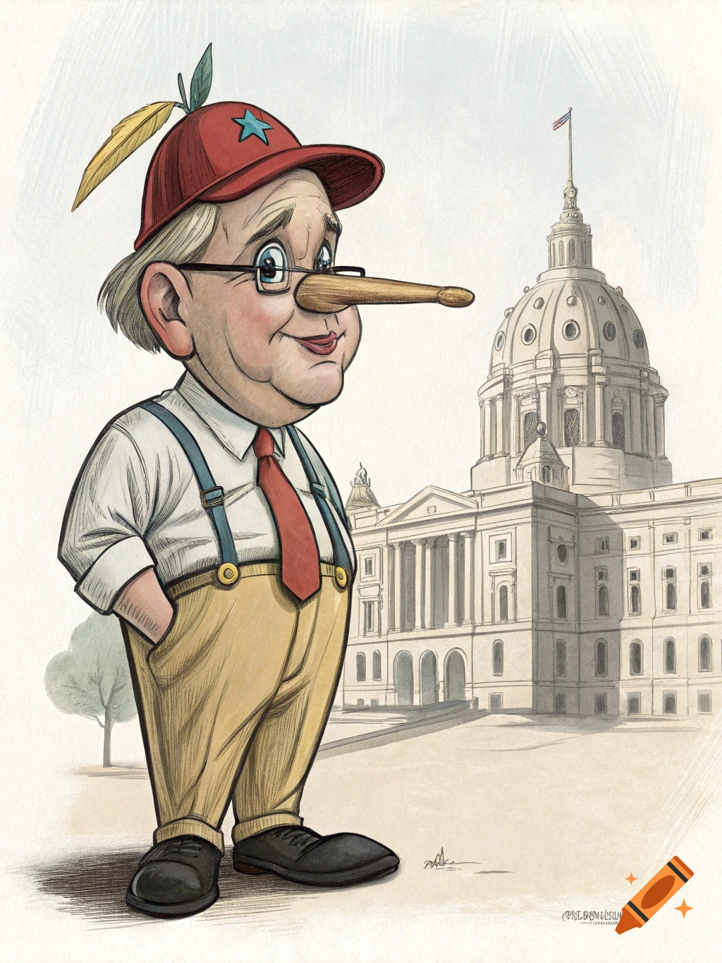 Political cartoon of a man with a long nose, wearing a red cap and suspenders, standing in front of a government building.