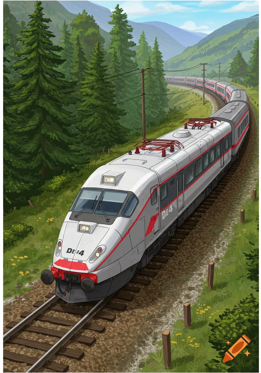 A train winds through a mountain valley with pine trees.