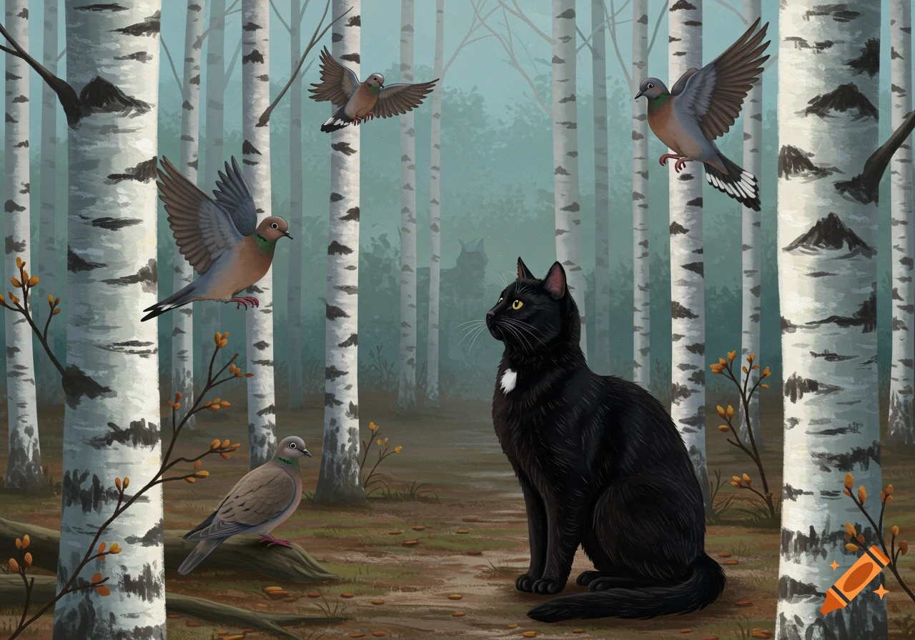 a black cat sitting in a birch forest with several mourning doves around it