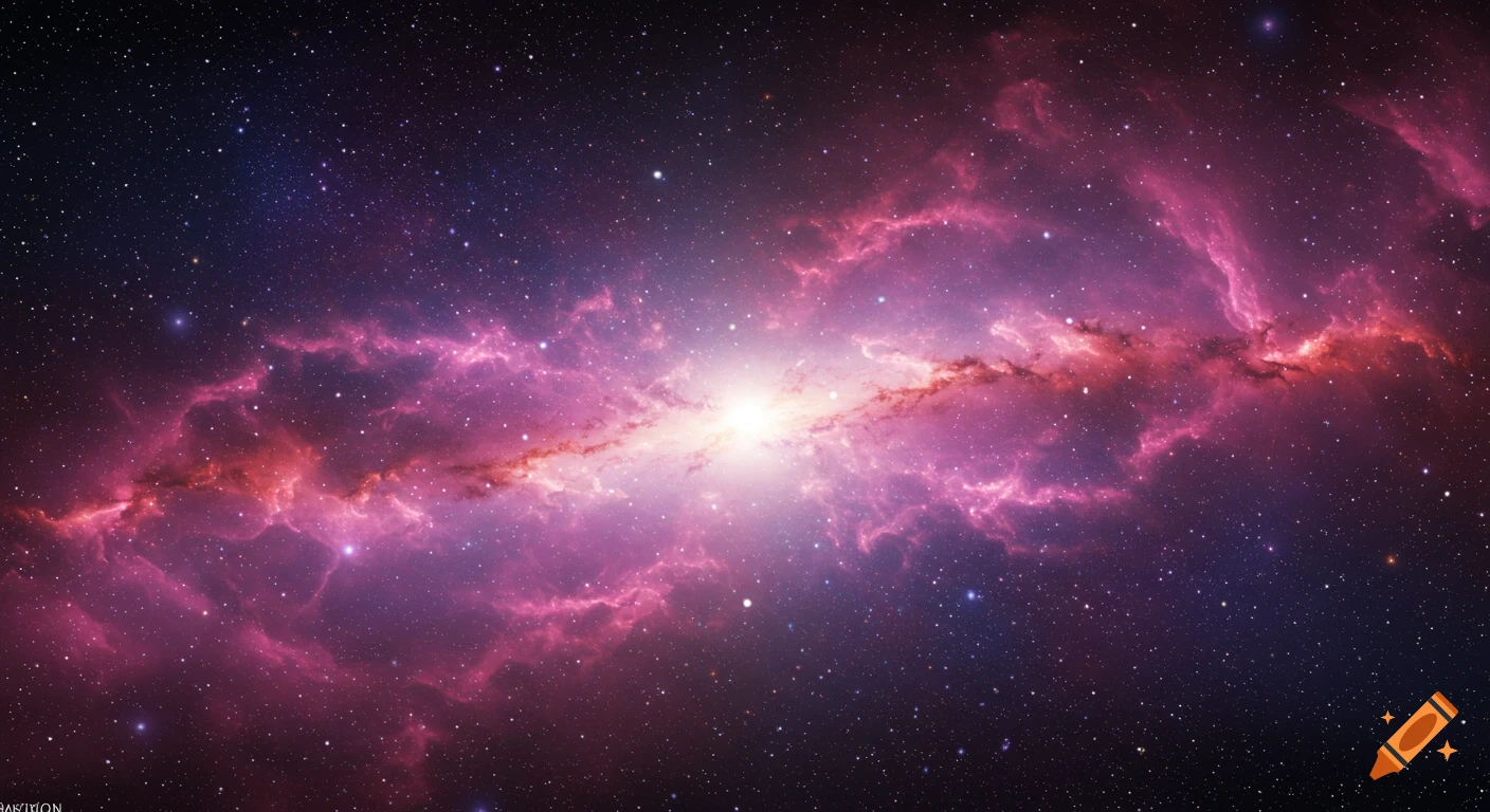 A vibrant image of a galaxy nebula with swirling pink and purple gas and bright stars.
