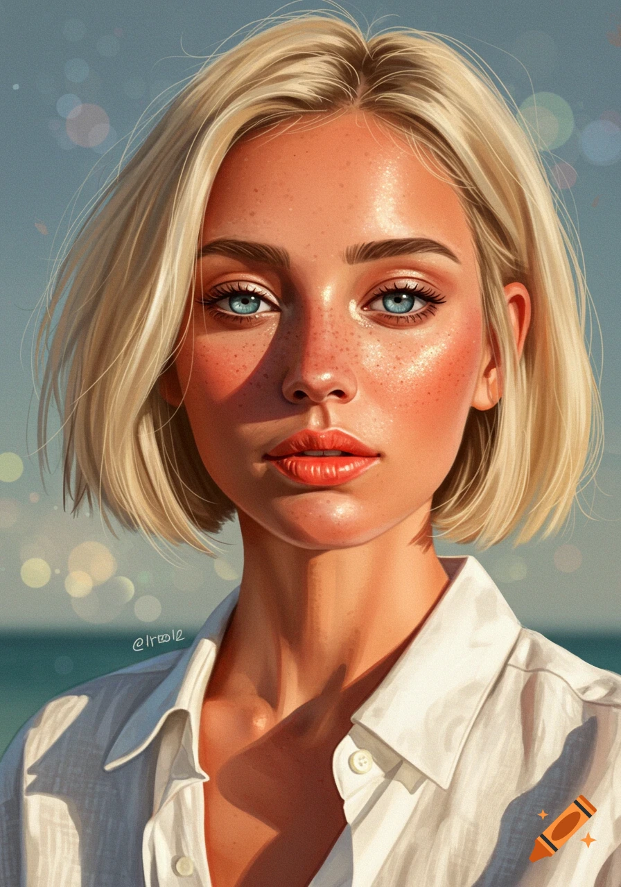 A woman with short blonde bob hair, blue eyes, and freckles in a white shirt, bokeh background.