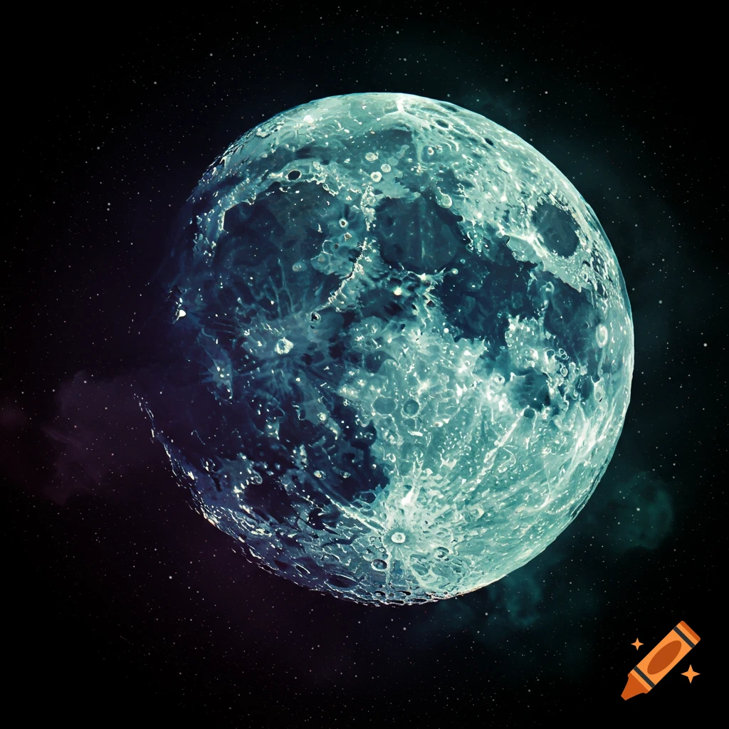 A blue-green moon in space with visible craters against a starfield.