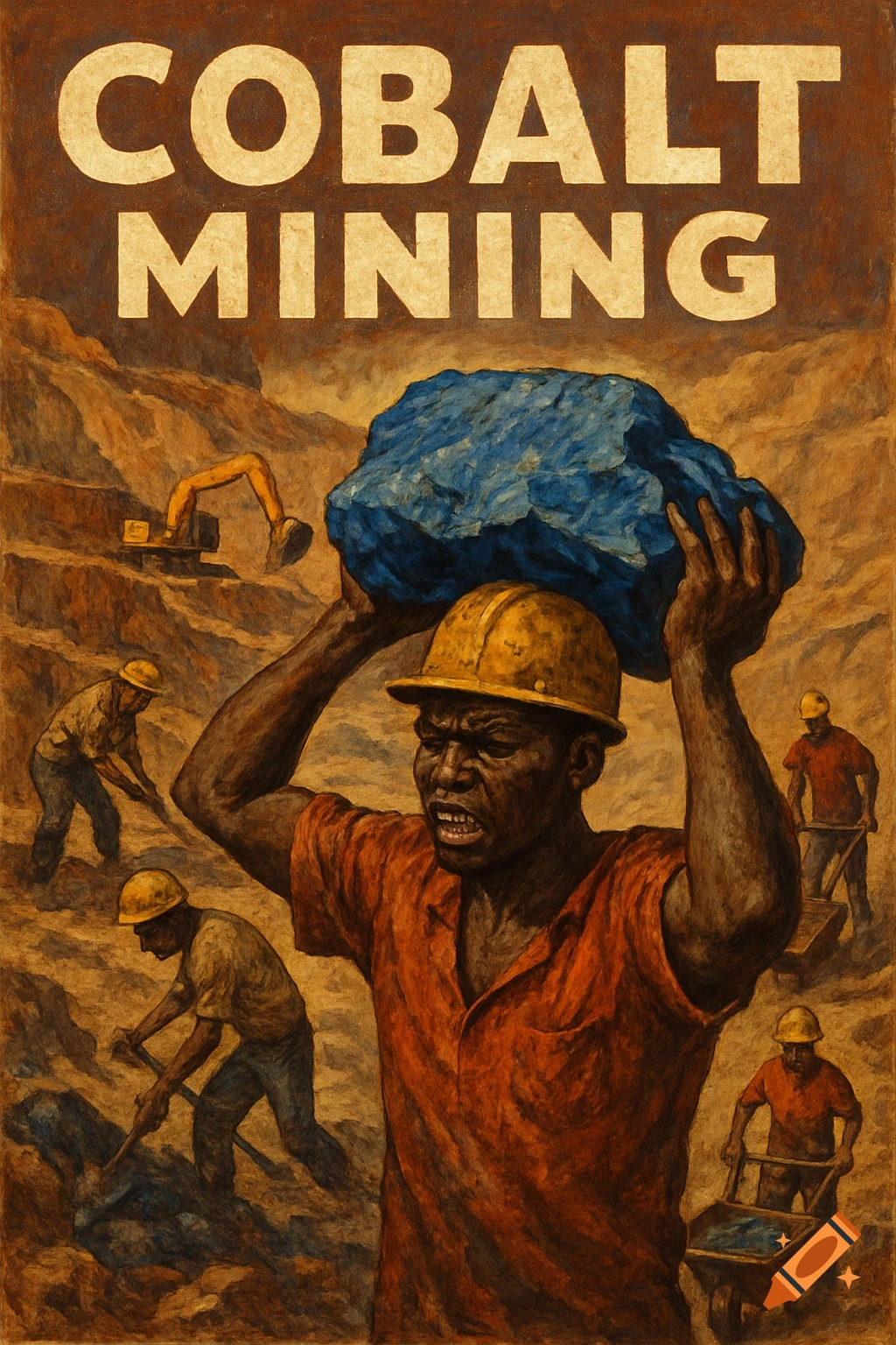 A poster shows a muscular miner holding a large blue rock overhead, with other miners working in the background. Text reads "COBALT MINING".