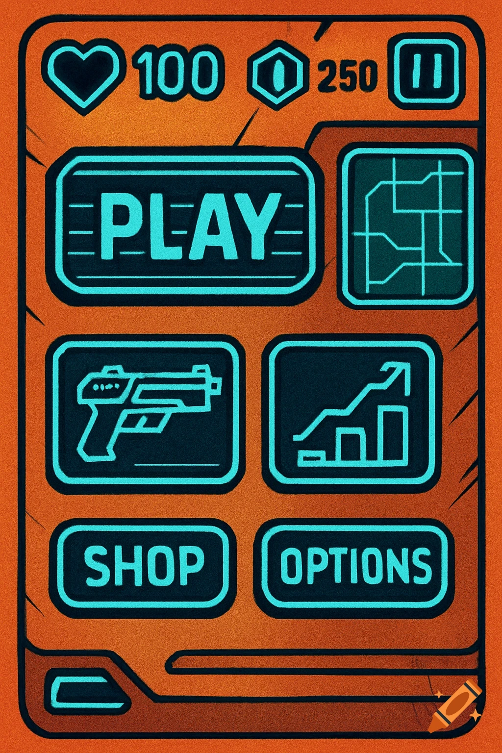 Mobile game user interface with PLAY, SHOP, OPTIONS buttons and stats display in cyberpunk retro style