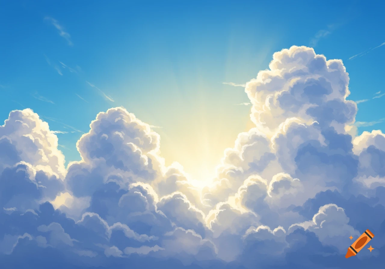 Fluffy white clouds in a blue sky with bright sunlight breaking through