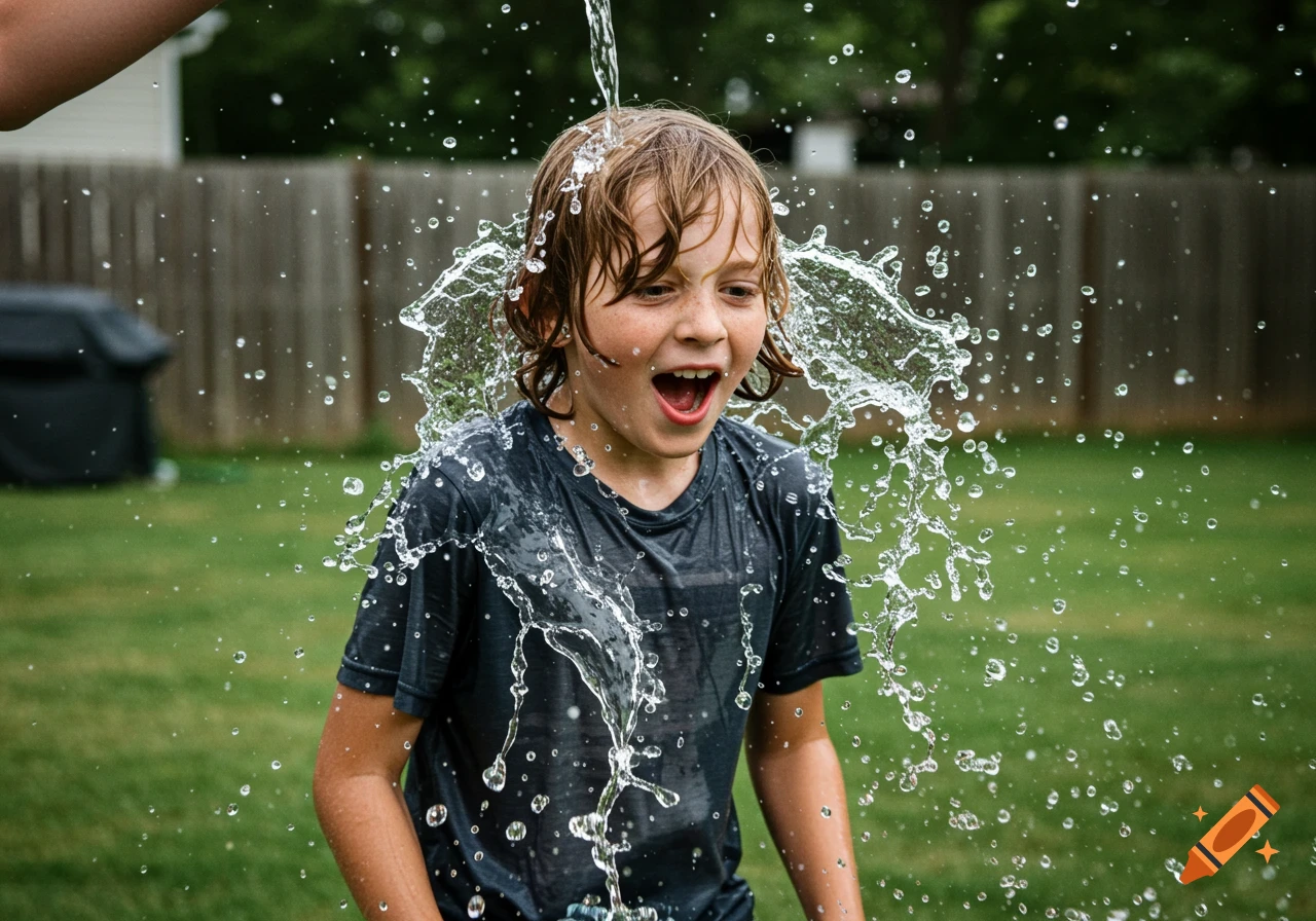 Boy gets water splashed on his head in a backyard.