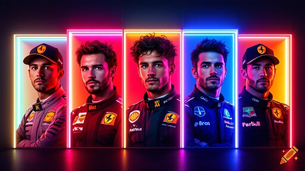 Five male figures in racing suits are framed by vertical neon lights in different colors.